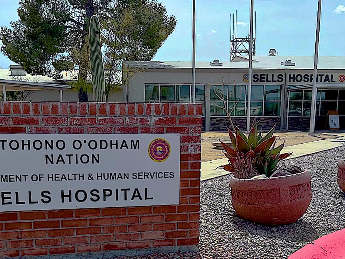Still from the AZ REACH video "REACH": the Sells Hospital sign on the Tohono O'odham Nation